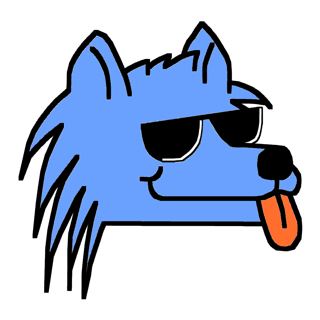 A cartoon blue dog with spiky fur wearing sunglasses and sticking out its tongue.