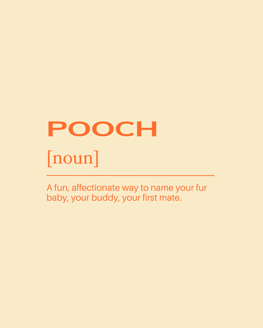 Definition of 'pooch' as a noun, describing it as a fun, affectionate way to name your fur baby, your buddy, your first mate.