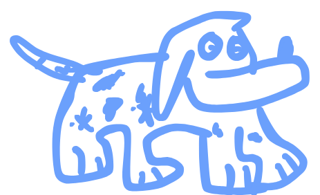 Blue outline drawing of a cartoon puppy wearing a Santa hat.