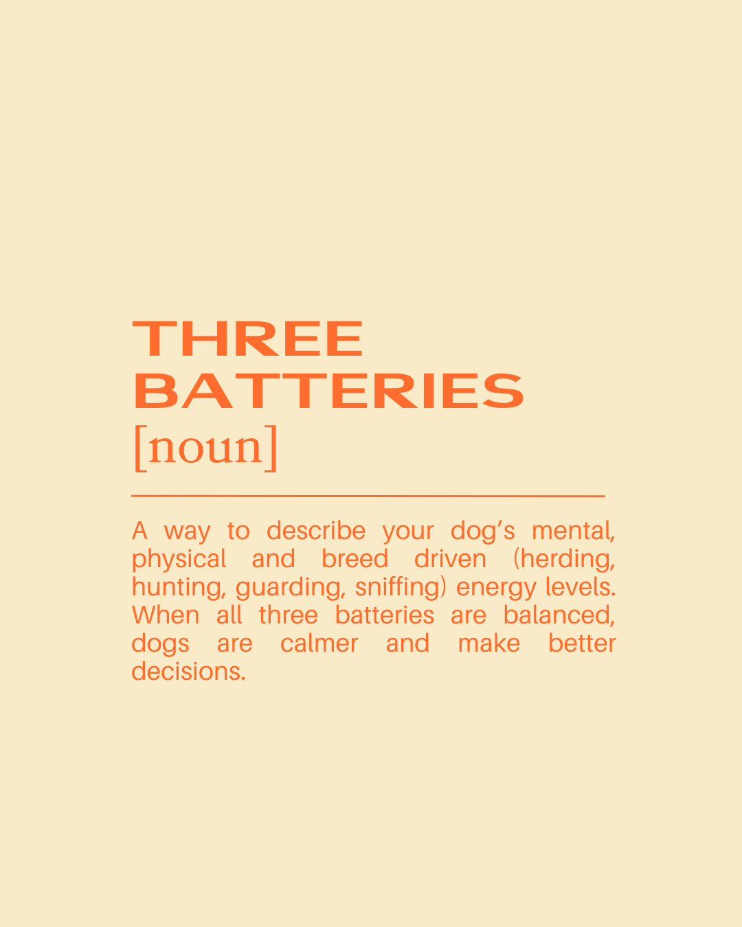 Text explaining the concept of three batteries as a way to describe a dog's mental, physical, and breed driven energy levels, indicating that when all three are balanced, dogs are calmer and make better decisions.