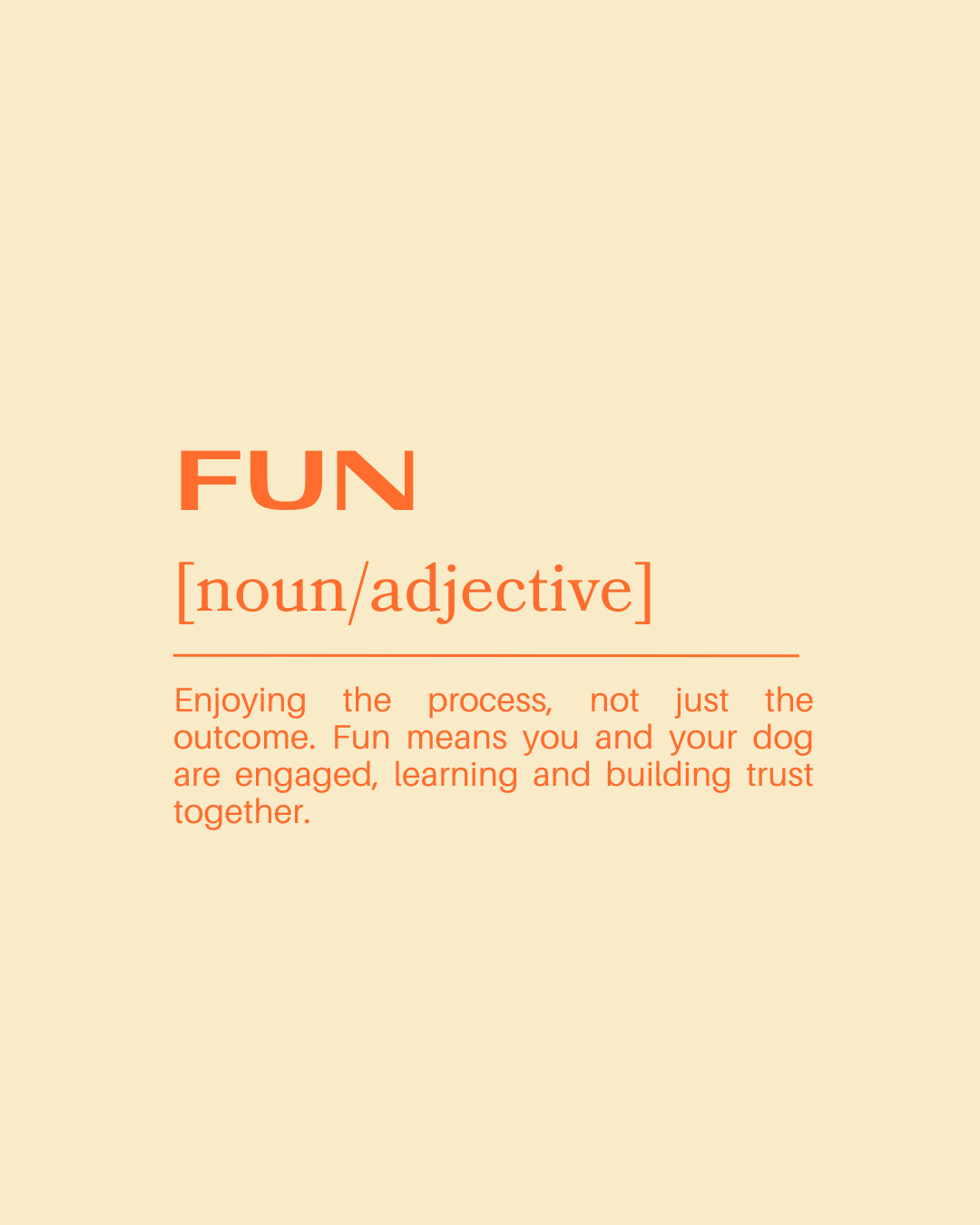 The image contains a beige background with the word 'FUN' in large orange letters. Below it, '[noun/adjective]' is written in smaller orange text. Further down, there is a definition in orange text: 'Enjoying the process, not just the outcome. Fun me