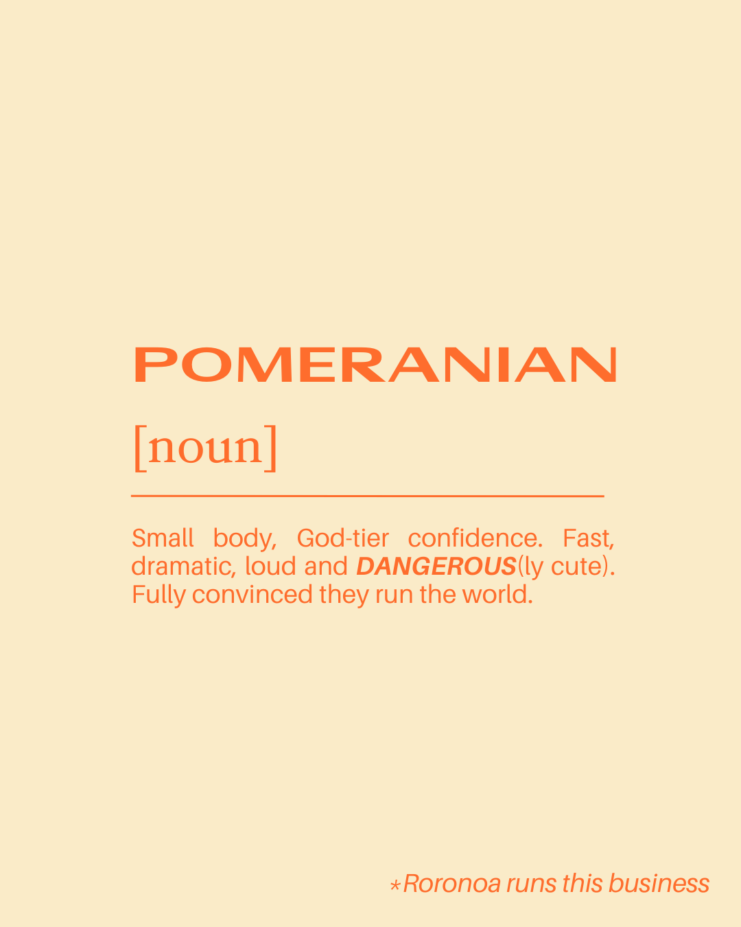 A beige background with orange text that defines 'Pomeranian' as a noun. The description labels the pomeranian as a small body, God-tier confidence dog, fast, dramatic, loud, and dangerous-looking (ly cute). It states they fully convinced they run th