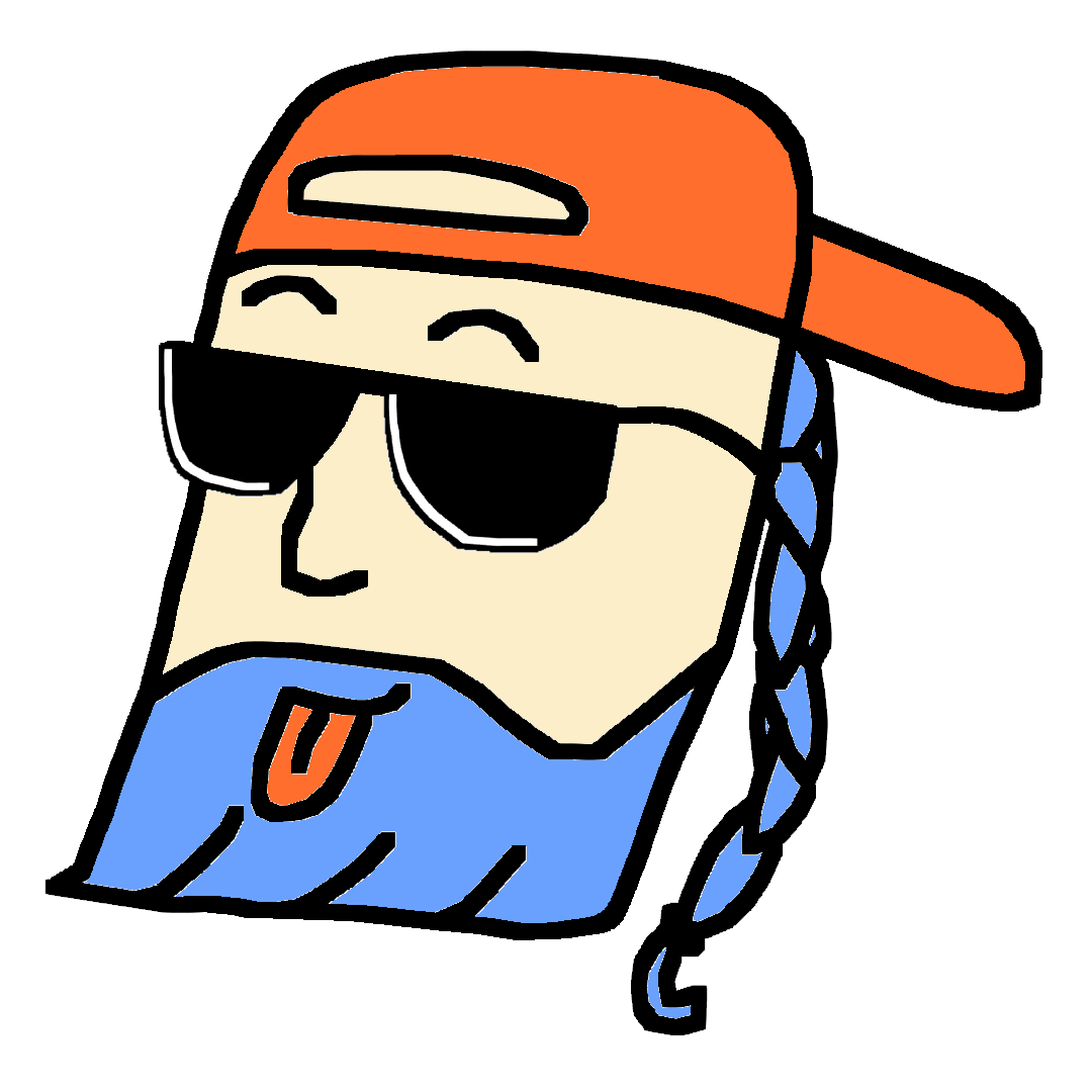 Cartoon character with blue hair, wearing sunglasses, an orange cap backwards, and sticking out his tongue.