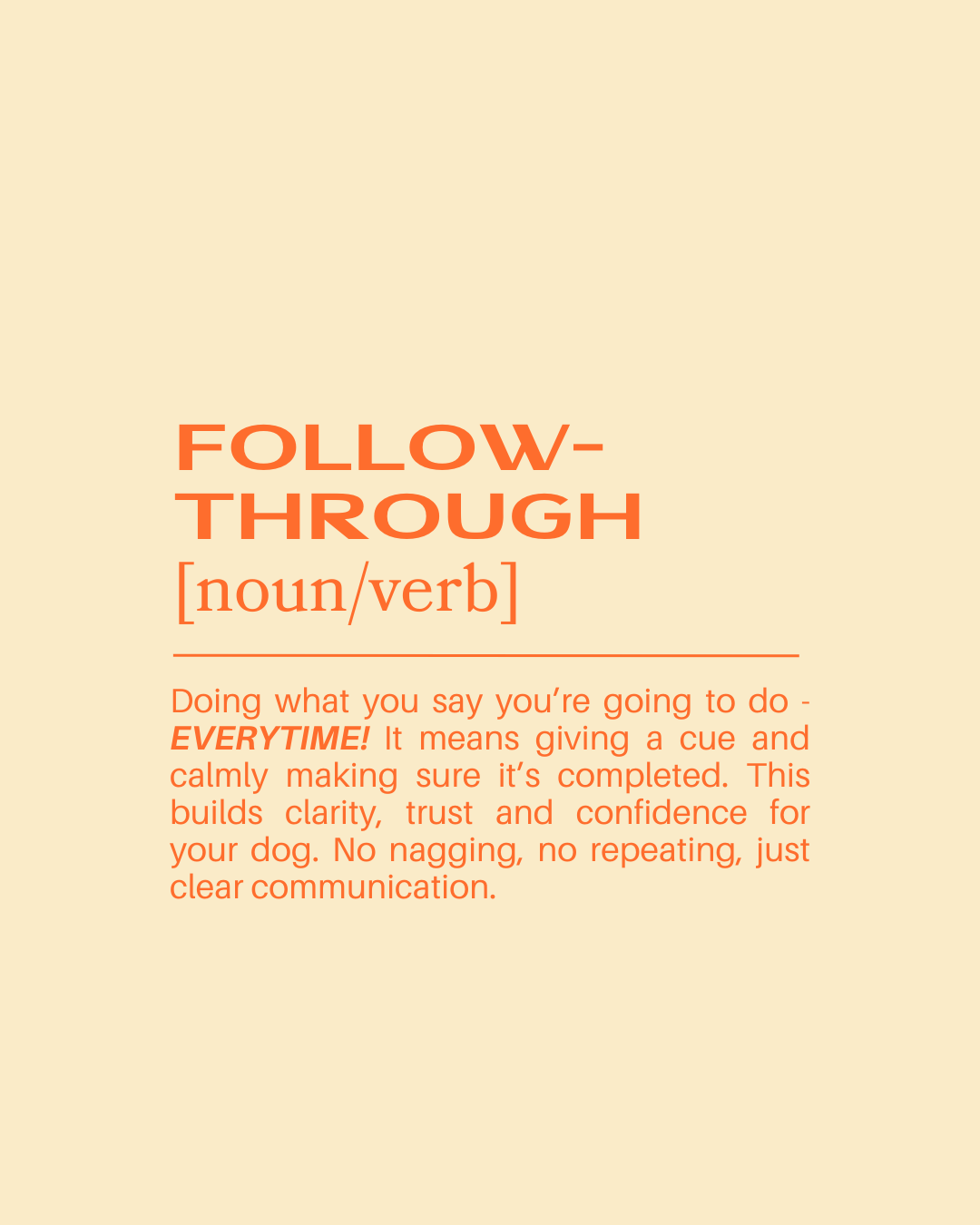 Definition and explanation of the word 'follow-through' as a noun and verb, emphasizing doing what you say you're going to do every time to build clarity, trust, and confidence for your dog, without nagging or repeating.