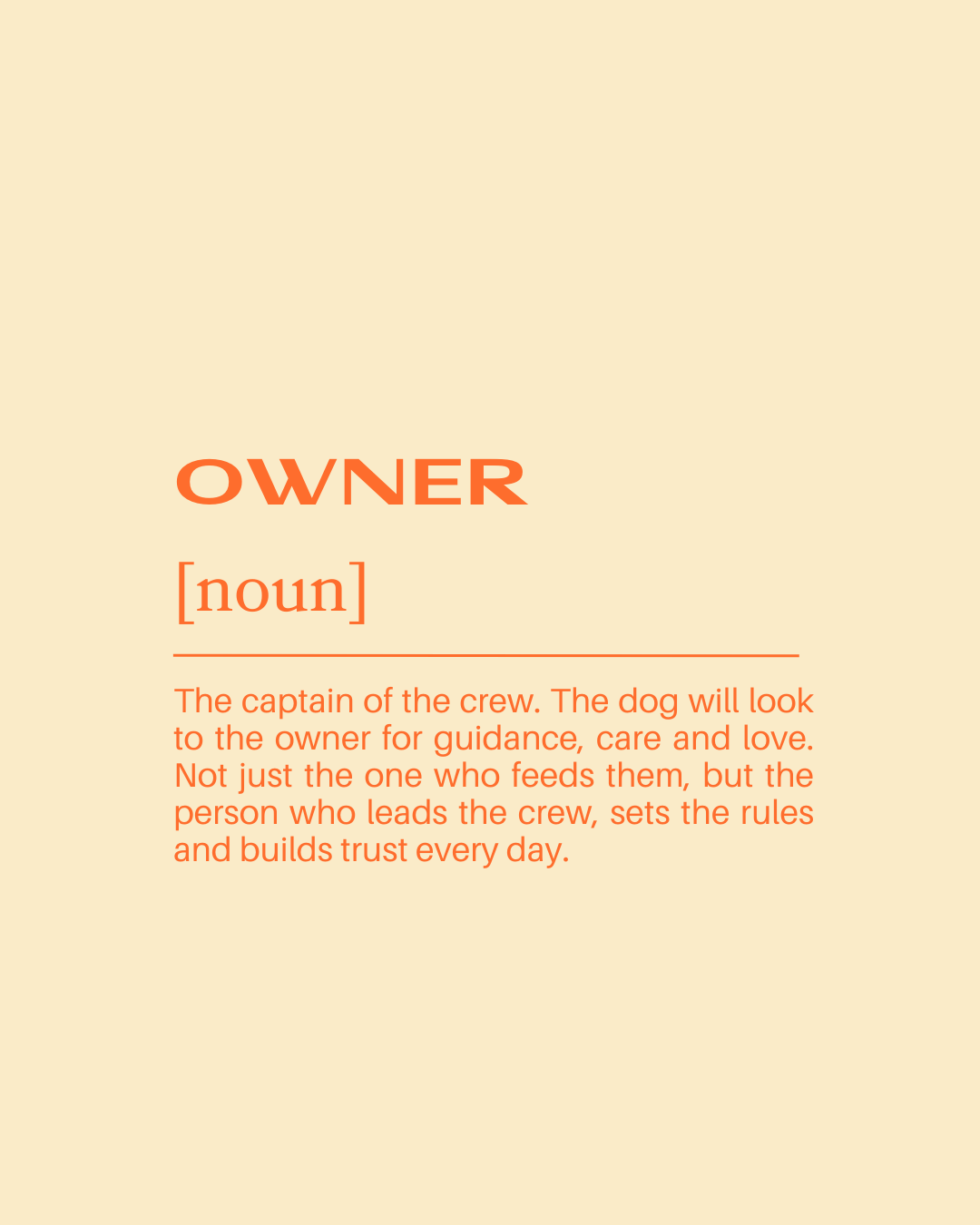 Definition of 'owner' with an explanation about leadership, guidance, and trust, including a humorous note about a dog looking to the owner for rules.