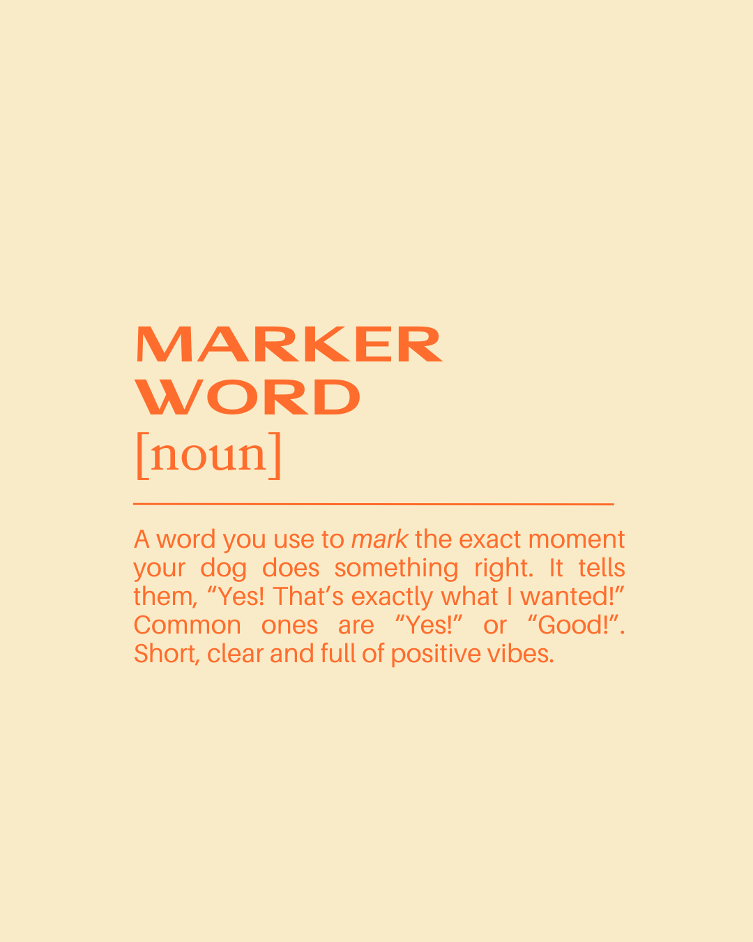 A definition of the word 'marker' as a noun, explaining its use and positive connotations, on a beige background with orange text.
