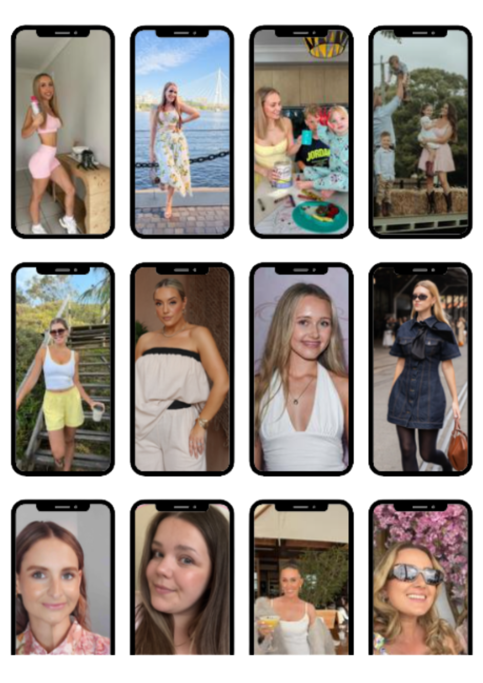 A collage of women and children in various outdoor and indoor settings, posing for photos and enjoying different activities, including a woman with a pink outfit, a woman near a bridge, children at a birthday party, women at a park, and women at a restaurant or cafe.