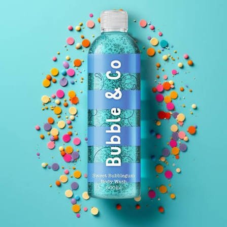 A bottle of Bubble & Co sweet bubblegum body wash surrounded by colorful confetti on a light blue background.