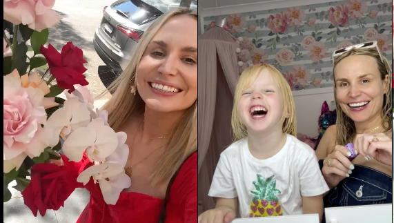 A split-screen photo of two women and a young girl. The left side shows a woman with long blond hair smiling near a bouquet of colorful flowers. The right side shows a woman with long hair and a young girl with blond hair, both smiling and laughing indoors with a floral wallpaper background.