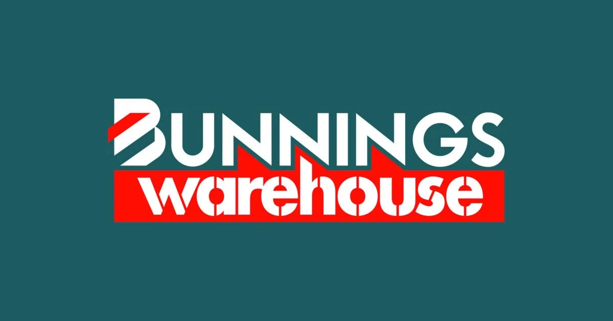 Bunnings Warehouse logo on a teal background with "Bunnings" in white and "warehouse" in red underneath.