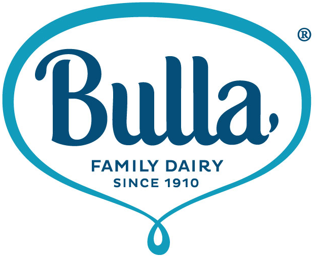 Bulla Family Dairy logo in blue text inside an oval with a droplet shape at the bottom.