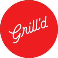 Red circular logo with white cursive text 'Grill'd'.