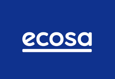 Ecosa logo with white text on a blue background.