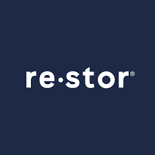 Restor logo with white text on a navy blue background