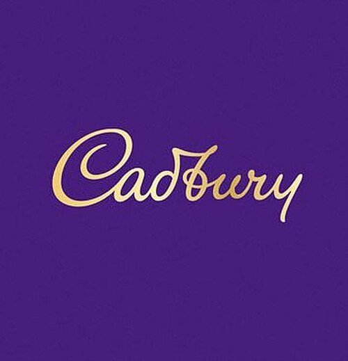 Purple background with the Cadbury logo in cream-colored cursive text.