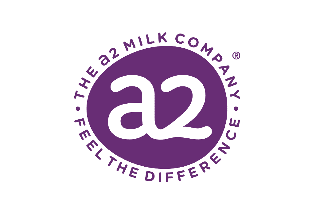 Logo of the a2 Milk Company, with the text "The a2 Milk Company" and "Feel the Difference" surrounding a purple circle with the white lowercase letters "a2" inside.