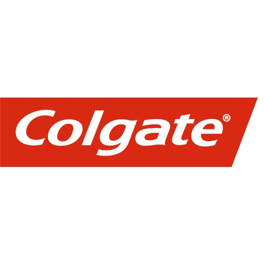 Colgate logo on a white background. The logo has the brand name 'Colgate' in white text on a red tilted rectangle.