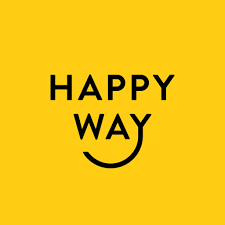 Yellow background with black text that reads 'HAPPY WAY' with a smiley face incorporated into the letter 'Y'.