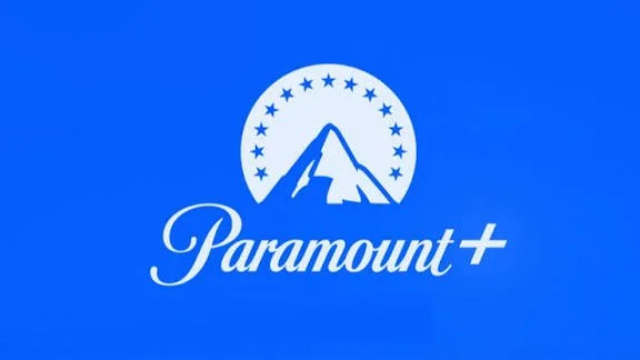 Paramount+ logo with a mountain and stars on a blue background.