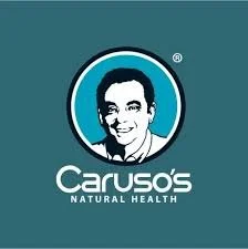 Logo for Caruso's Natural Health featuring a smiling man's portrait with a circular background
