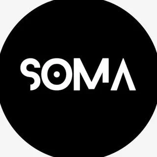 Black circular logo with the word 'SOMA' in white, bold letters.