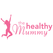 Logo with a pink silhouette of a woman jumping with arms raised, accompanied by the text 'the healthy Mummy' in pink.