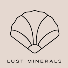 Line drawing of a seashell with the text 'LUST MINERALS' underneath.