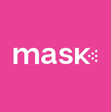 Pink background with the word 'mask' in white lowercase letters and a small triangular design next to it.