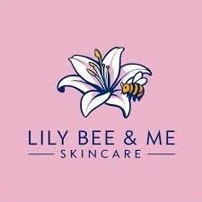 Logo of Lily Bee & Me Skincare with a white lily flower and a bee on a pink background.