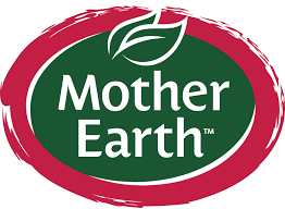 Mother Earth logo with green and red colors and a leaf symbol