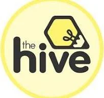 Logo for 'the hive' featuring a honeycomb shape and a bee, with black text on a yellow circular background.