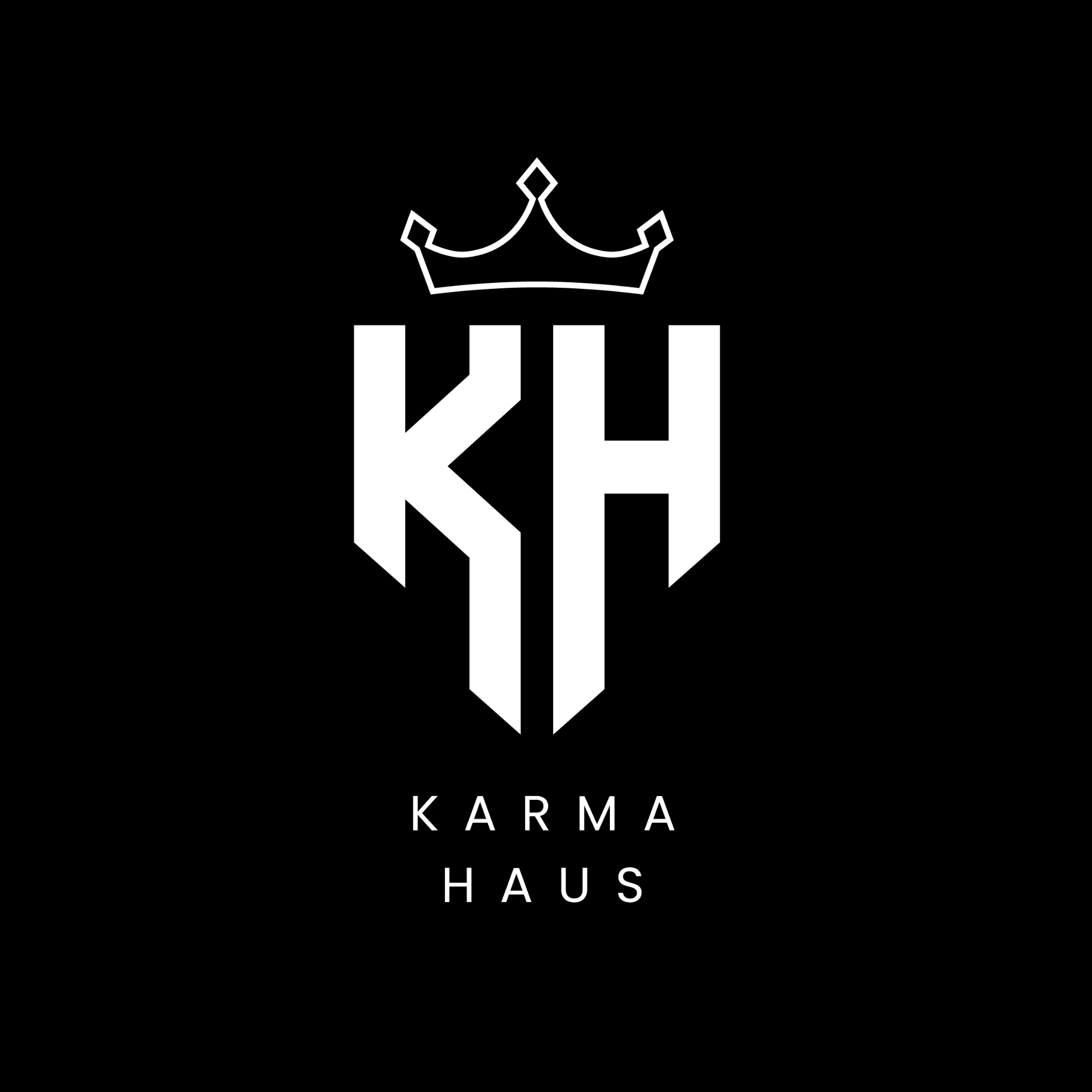 Black background with white line drawing of a crown above the word "Karma" in bold letters, and "Haus" written beneath.