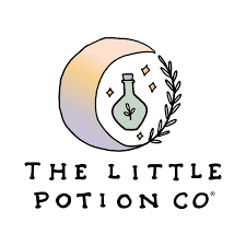 Logo for The Little Potion Co., featuring a crescent moon, a potion bottle, and botanical elements.