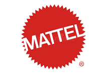 Red circle with the word 'MATTEL' in white text