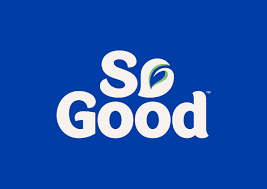 So Good logo with white text and a small green and white leaf on a blue background.