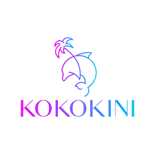 Neon sign with palm tree, turtle, and boat, and the text 'KOKOKINI' in pink, purple, and blue colors.