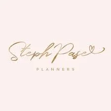 Logo for Steph Pasel Planners with elegant gold script and a light pink background.