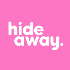 Pink background with white text that says "hide away."