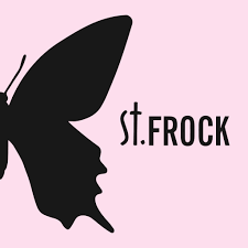 Silhouette of a butterfly with a woman's face profile inside the wing, pink background, text reads 'st. FROCK'