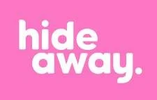 Pink background with white text that says 'hide away.'