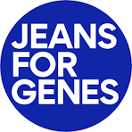 Blue circular logo with white text that reads 'JEANS FOR GENES'
