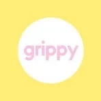 A yellow background with a white circle containing the word 'grippy' in pink lowercase letters.