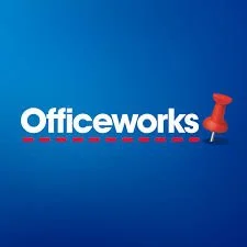 Officeworks logo with a red pushpin on a blue background