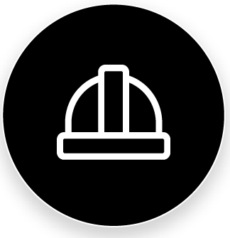Icon of a white safety helmet inside a black circle
