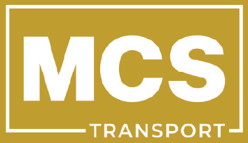 Logo with bold white letters 'MCS' and 'Transport' below on a yellow background with a white border