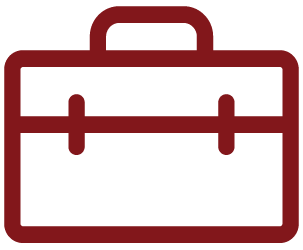 Red outline of a briefcase with a handle and horizontal strap