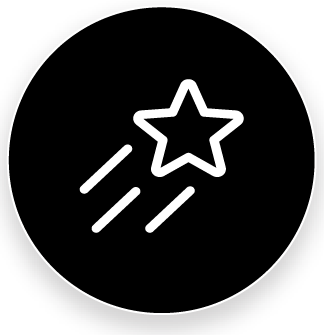 A simple icon of a shooting star with trails on a black background.