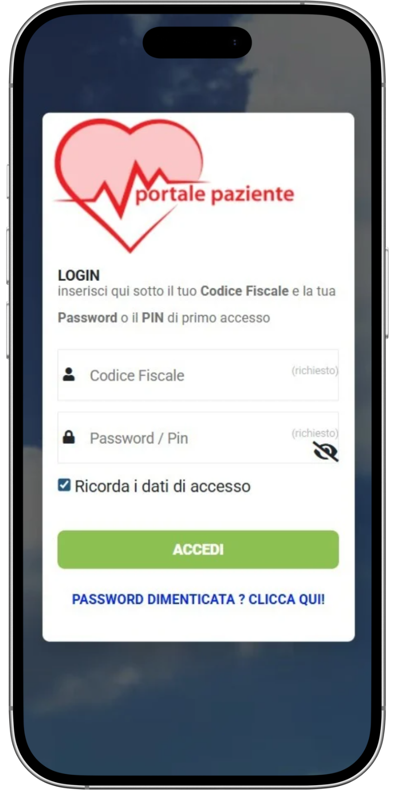 Login-Bildschirm einer Gesundheits-App namens 'portale paziente' mit Eingabefeldern für Steuer-ID und Passwort, Option zum Speichern der Anmeldedaten, einer grünen Anmelde-Schaltfläche und einem Link für das Zurücksetzen des Passworts.