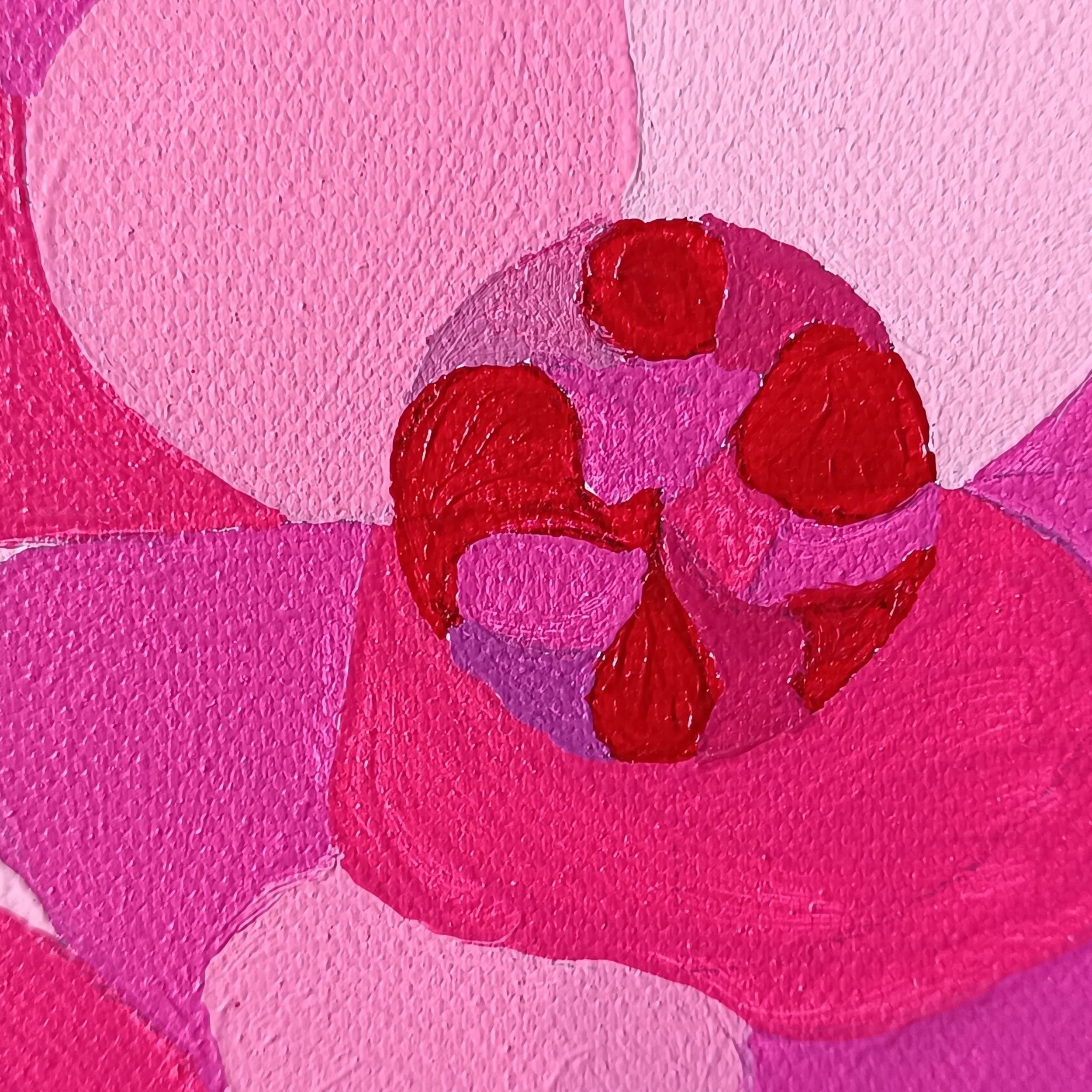 Detailed view of the vibrant red and magenta central "kernel" from the Neon Dreams painting series by artist Marisa Iona.