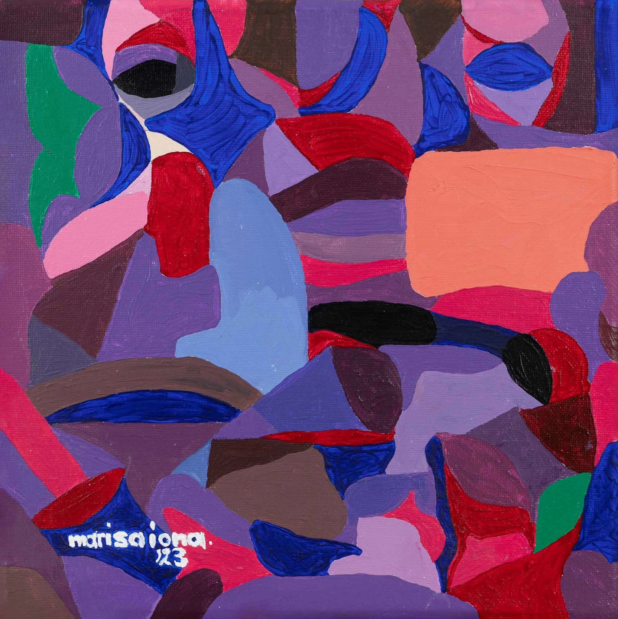 Abstract acrylic painting featuring geometric forms in blue, mauve and an peach colored block.